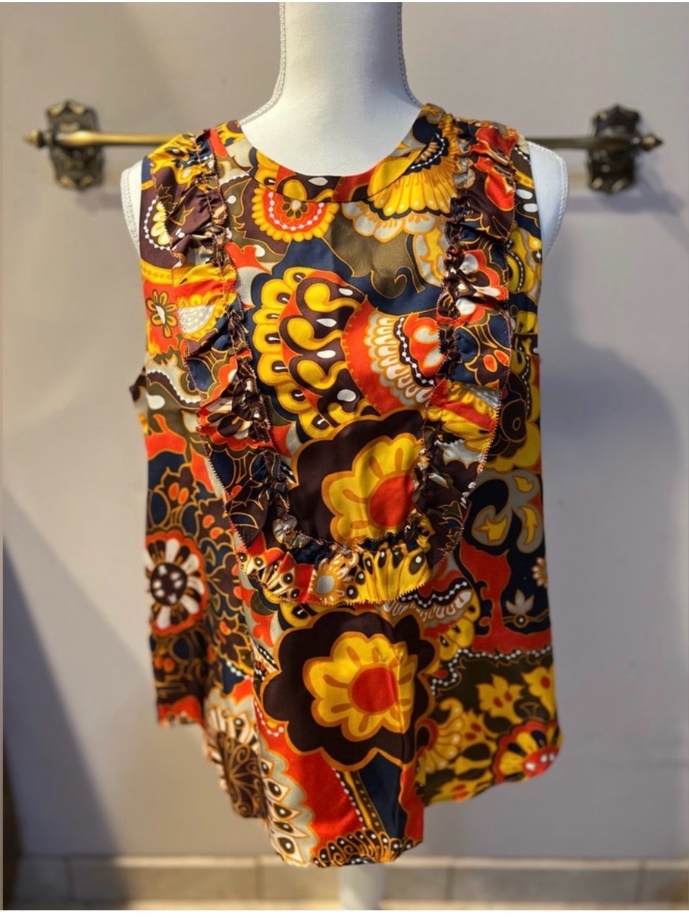 J. Crew Retro Floral Sleeveless Ruffle-Trim Top in Yellow, Orange & Brown